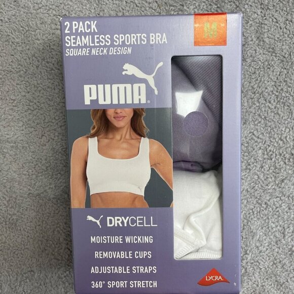 NEW Puma Women's M 2 Pack Seamless Sports Bra Square Neck White/ Purple - Picture 2 of 4